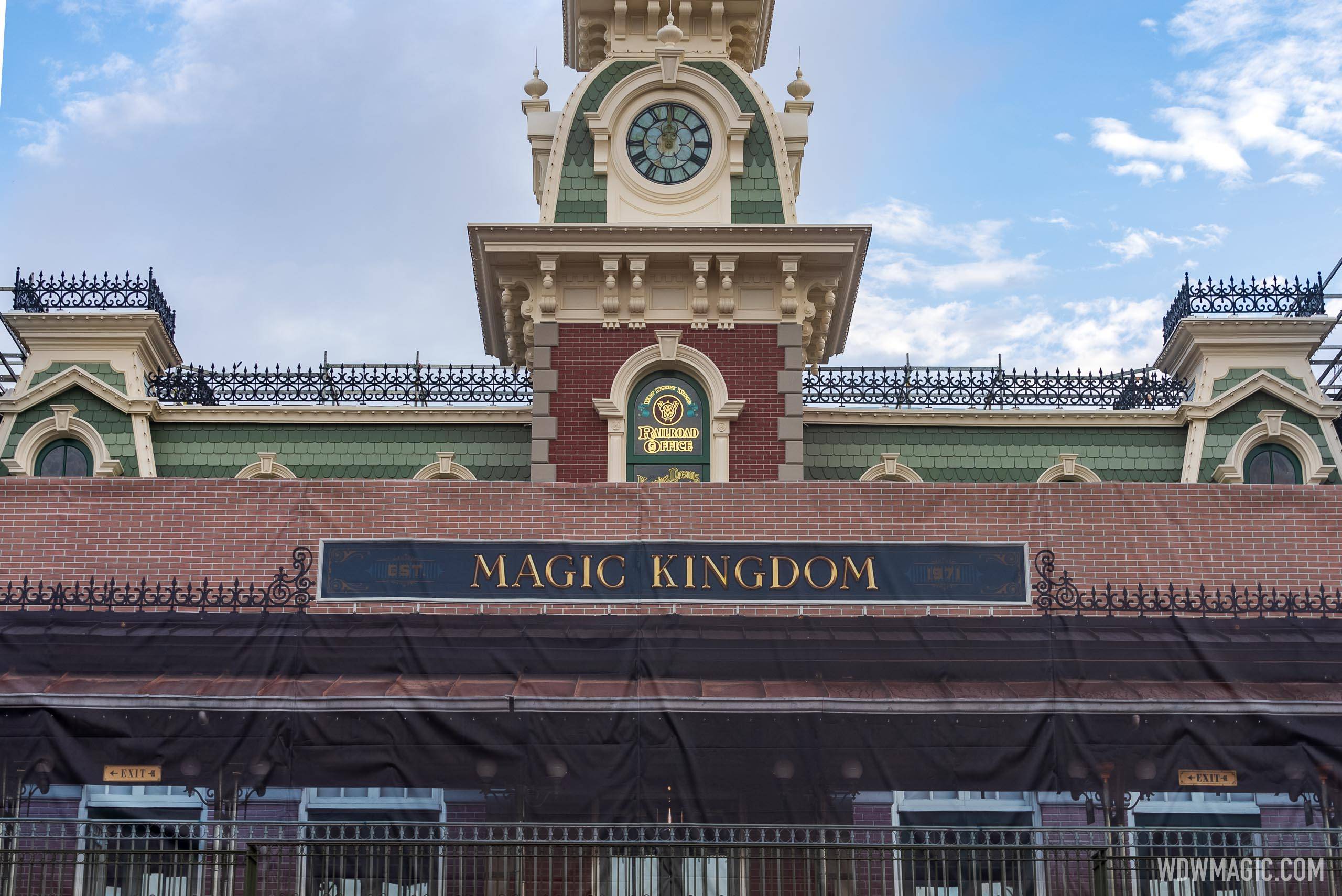 Main Street U.S.A. train station scrim removal - August 4 2021